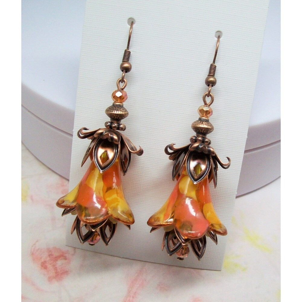 Boho earrings floral dangles, Hand painted artisan crafted flower jewelry